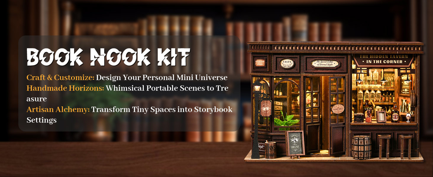 Kompleti za kutak za knjige za odrasle - Napravite svoj vlastiti minijaturni umetak za policu za knjige sa LED osvetljenjem, maštoviti kompleti za izradu knjižnog kutka, dekoracija sobe za fantazijsku tavern dioramu, savršen poklon za ljubitelje knjiga, kutak čuda i knjiga.