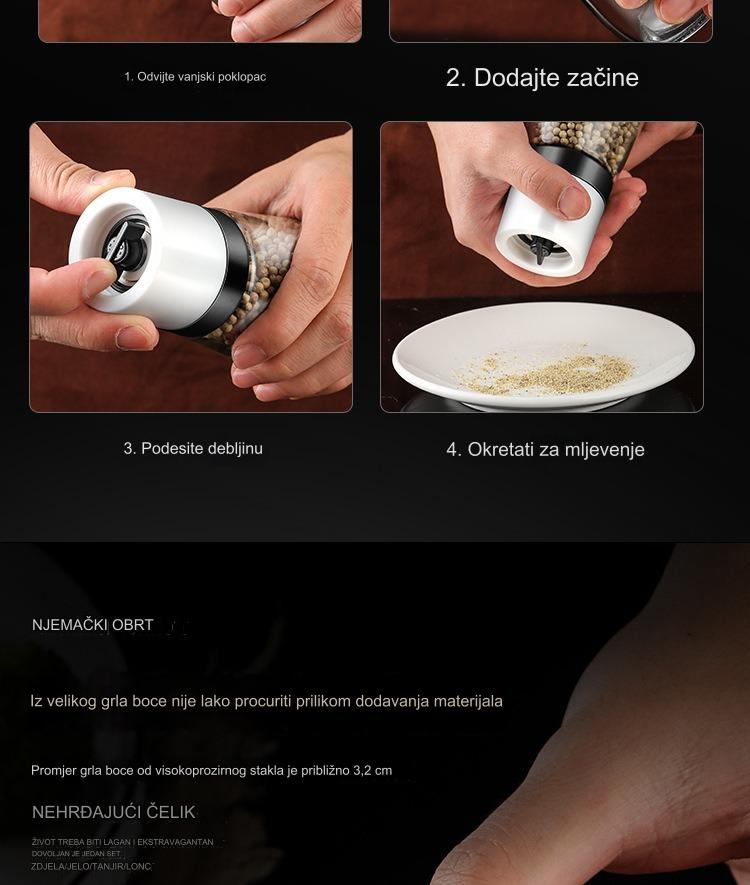 Ručni mlin za biber i so sa podesivom krupnoćom - Izdržljiv mlin za so, ručno upravljanje za sveže mlevene začine, so, biber - Kuhinjski alat za kućnu i komercijalnu upotrebu, bez /, lako za čišćenje