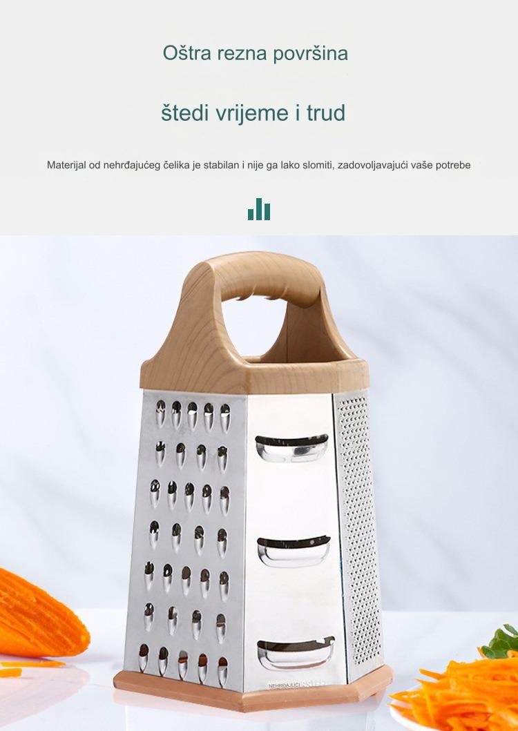 Višenamenski 6-u-1 Robusni Nerđajući Čelični Piling & Seckalica za Povrće - 6-strani Planer sa Sečivom za Sečenje, Ribanje, Rendanje, Seckanje - Kompaktni Kuhinjski Alat za Voće, Povrće, Sir, Orašaste Plodove & Bilje - Lako