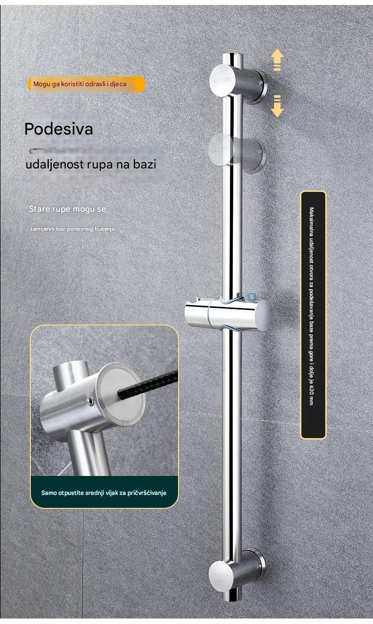304 Šipka za tuš od nerđajućeg čelika, zidna klizna šipka za kupatilo sa podesivim držačem glave tuša i deljenim nosačem za tuš