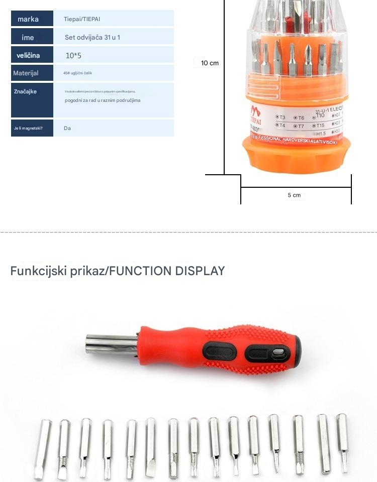 Profesionalni set magnetnih odvijača sa više vrsta vrhova (PH/Ravni/Lopatica/Torx/Heks) za popravku elektronike - Kompatibilan sa pametnim telefonima, laptopovima, TV-ima, satovima, naočarima, računarima - Izdržljiva plastična/metalna kutija za DIY