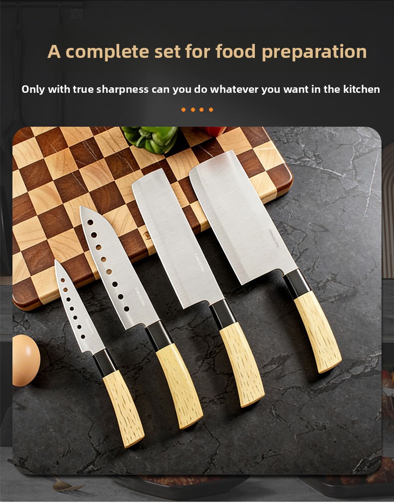 Set od 4 komada kuhinjskih noževa od nerđajućeg čelika, oštri i izdržljivi, kućni kuhinjski nož, oštrica sa izbušenim kružnim rupama, drvena drška za nož za voće i povrće