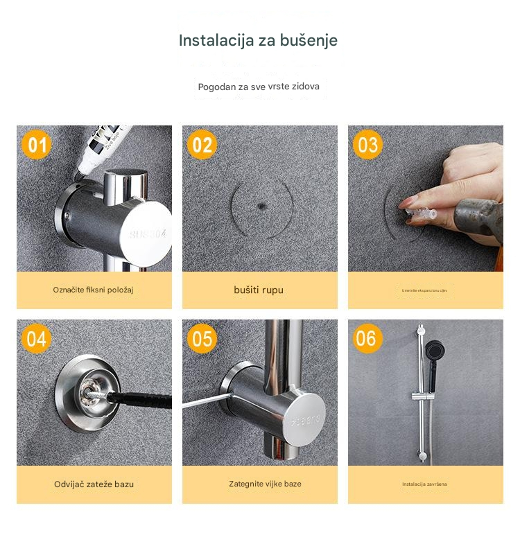 304 Šipka za tuš od nerđajućeg čelika, zidna klizna šipka za kupatilo sa podesivim držačem glave tuša i deljenim nosačem za tuš