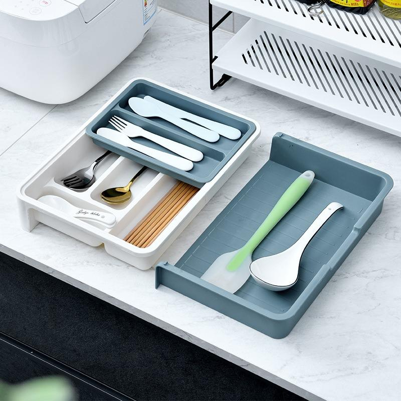 Zidni organizator za kuhinjski pribor sa pregradama za blokove i pribor - Izdržljiv ABS beli i drveni izgled (Montaža bez alata) - Štedi prostor, fioka/traka za noževe, viljuške, kašike, špatule, mutilice