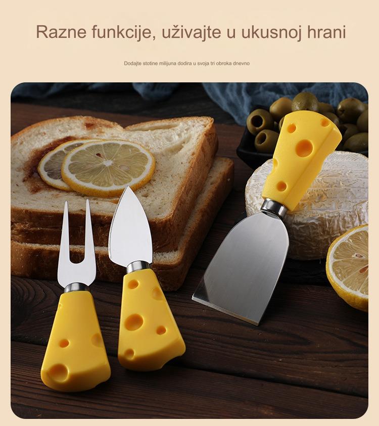 Kreativni set od tri komada noževa za sir sa žutom drškom, viljuškom i lopaticom od nehrđajućeg čelika