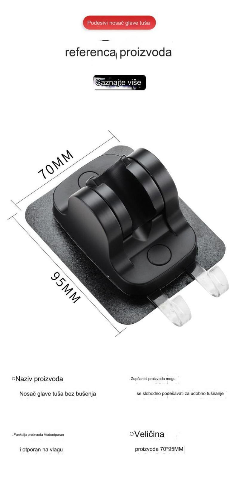 Podesiva baza za tuš bez bušenja | Držač glave tuša za kupatilo, plastični materijal