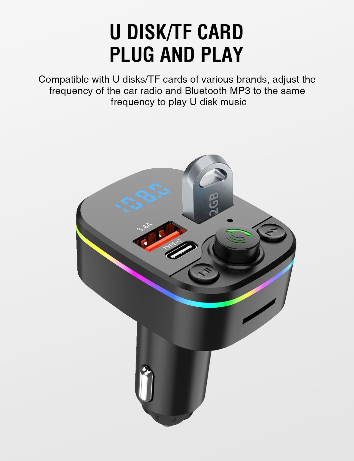 Auto MP3 Plejer sa Hands-Free Pozivima, FM Predajnikom, Upaljačem, Utorom za Memorijsku Karticu & Punjačem za Pametne Telefone/Tablete - Kompatibilan sa Utičnicom za Upaljač (Bez Spoljnog Napajanja)