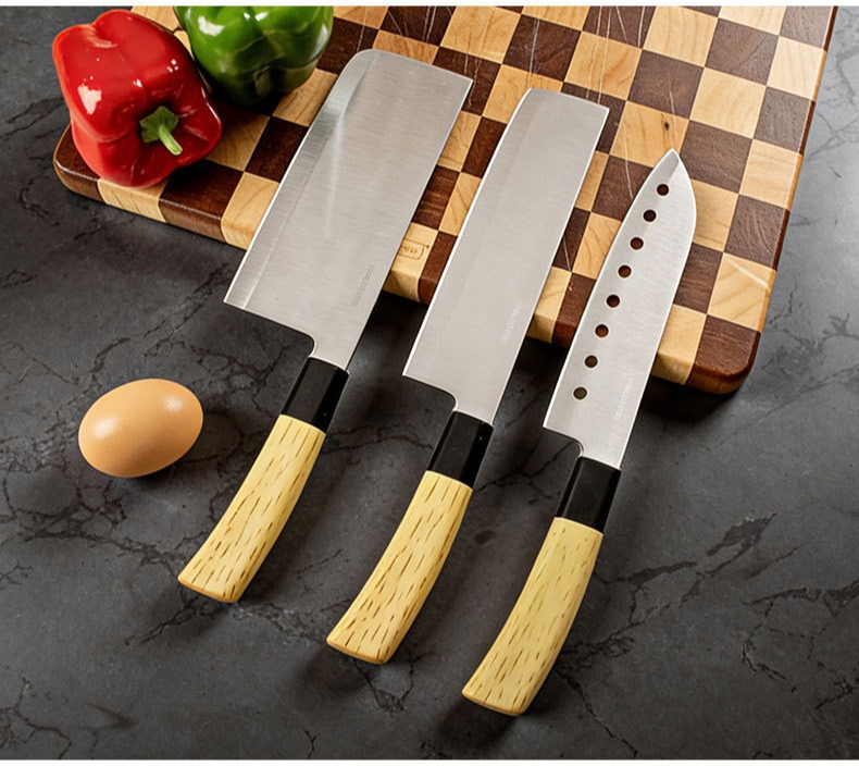 Set od 3 komada kuhinjskih noževa od nerđajućeg čelika sa oštrim i izdržljivim dizajnom, pogodan za kućnu upotrebu, sa šupljom kružnom oštricom i drvenom drškom za sečenje voća i povrća