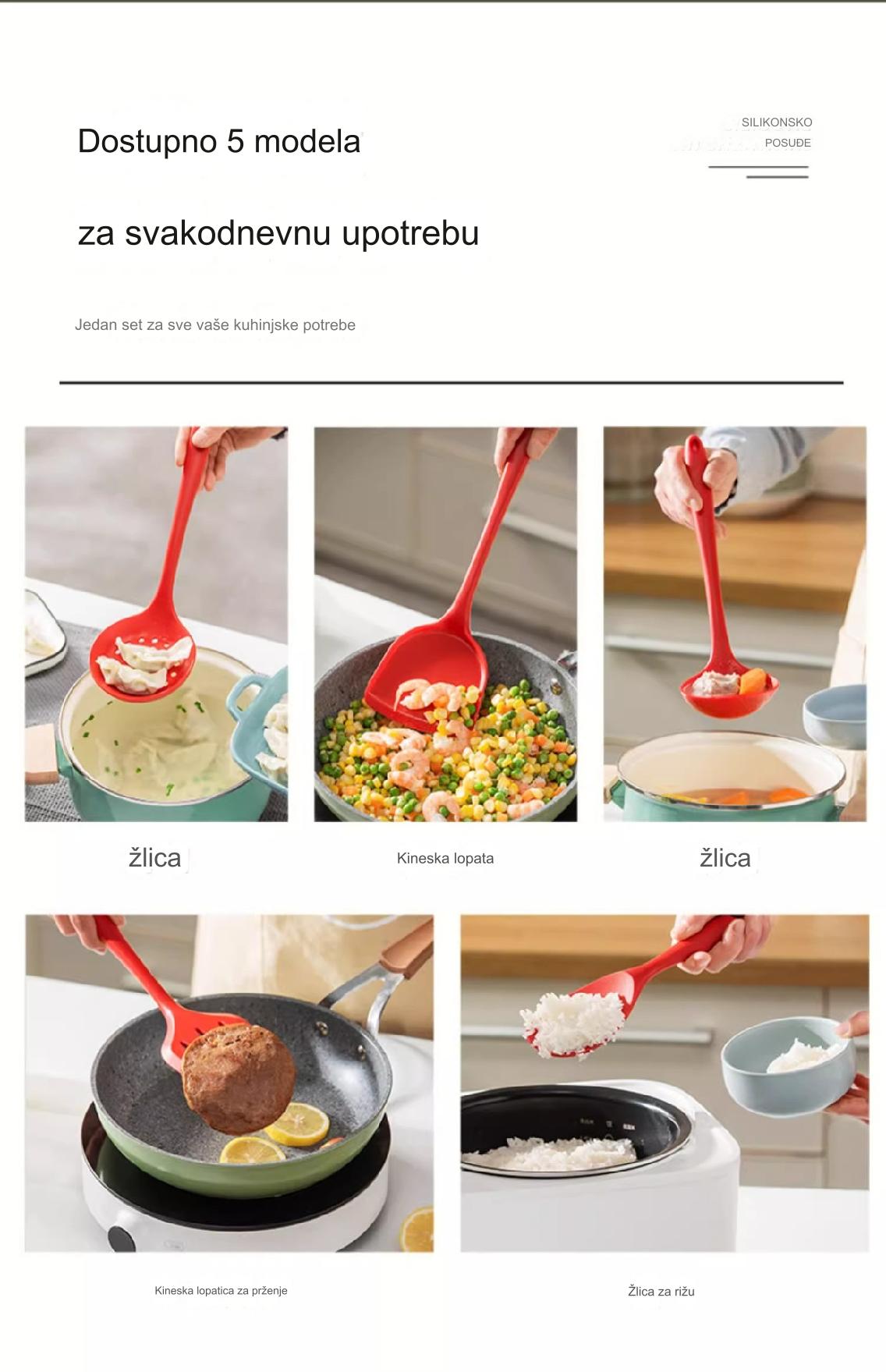 Set silikonskih lopatica otpornih na toplotu, nelepljivih, sa ergonomskom drškom i rupom za kačenje - Izdržljivi set kuhinjskog pribora, crveni i dizajn, neklizajuća drška, pogodno za pranje u mašini za sudove - Uključuje lopaticu za prženje, lopaticu sa rupama, okretanje, kašiku, strugač - Idealno za prženje