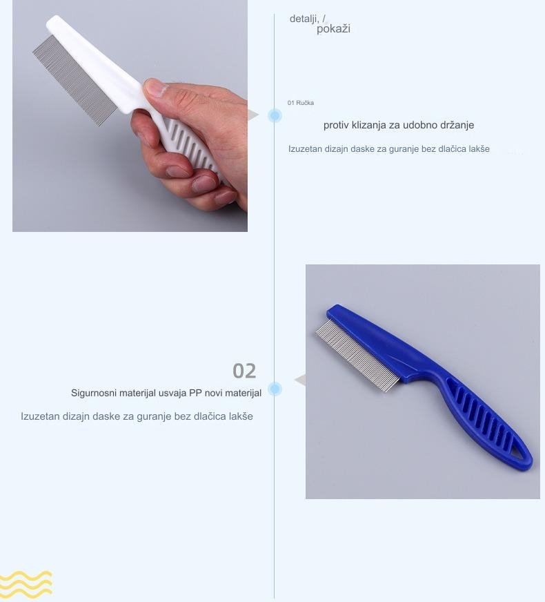 Profesionalni češalj za pse za uklanjanje buva i krpelja sa čeličnim iglama koje se ne zapetljavaju & gumiranom drškom koja ne klizi - Snažan ubica parazita, za osetljive svetlo bež, štenad & pse