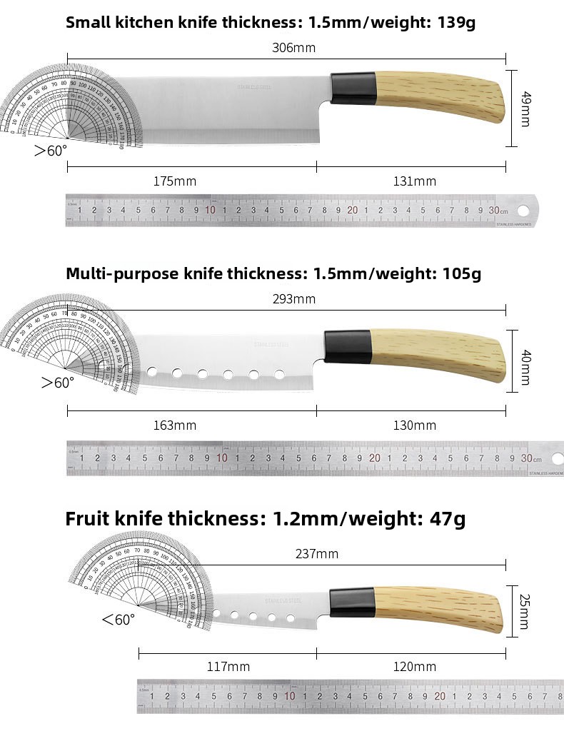 Set od 4 komada kuhinjskih noževa od nerđajućeg čelika, oštri i izdržljivi, kućni kuhinjski nož, oštrica sa izbušenim kružnim rupama, drvena drška za nož za voće i povrće