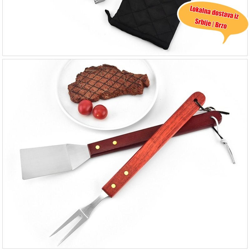 Osnovna oprema za kampovanje za Srbiju! Trodelni set za roštilj od nerđajućeg čelika koji uključuje špatulu, hvataljku i viljušku sve u jednom