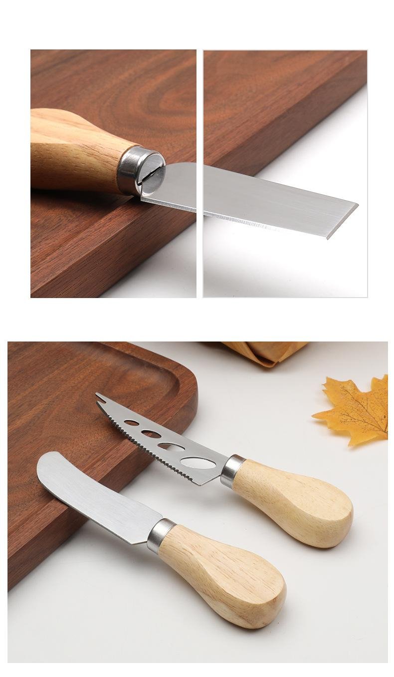 Set noža za sir i sekača za pizzu od nerđajućeg čelika sa drvenom drškom - Oštrica za teške uslove, višenamenski nož za tortu i posuđe, pogodan za posluživanje na zabavama, sečenje sira