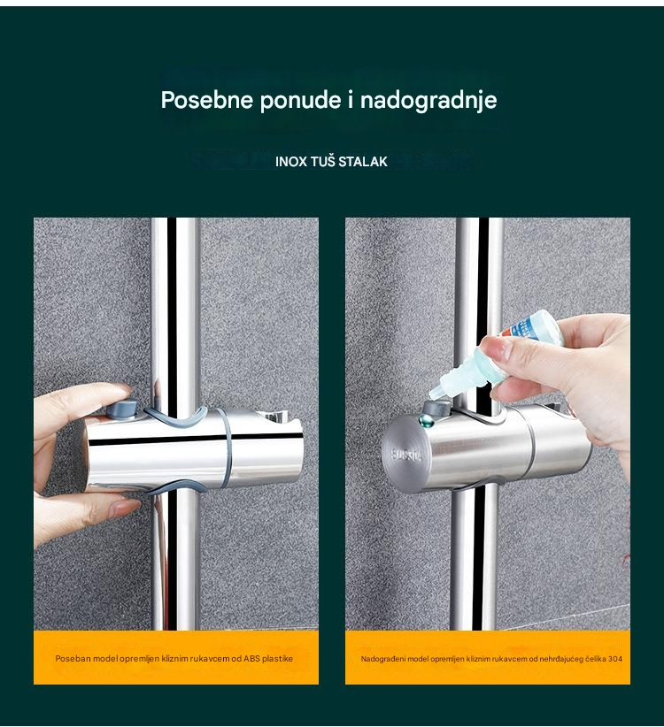 304 Šipka za tuš od nerđajućeg čelika, zidna klizna šipka za kupatilo sa podesivim držačem glave tuša i deljenim nosačem za tuš