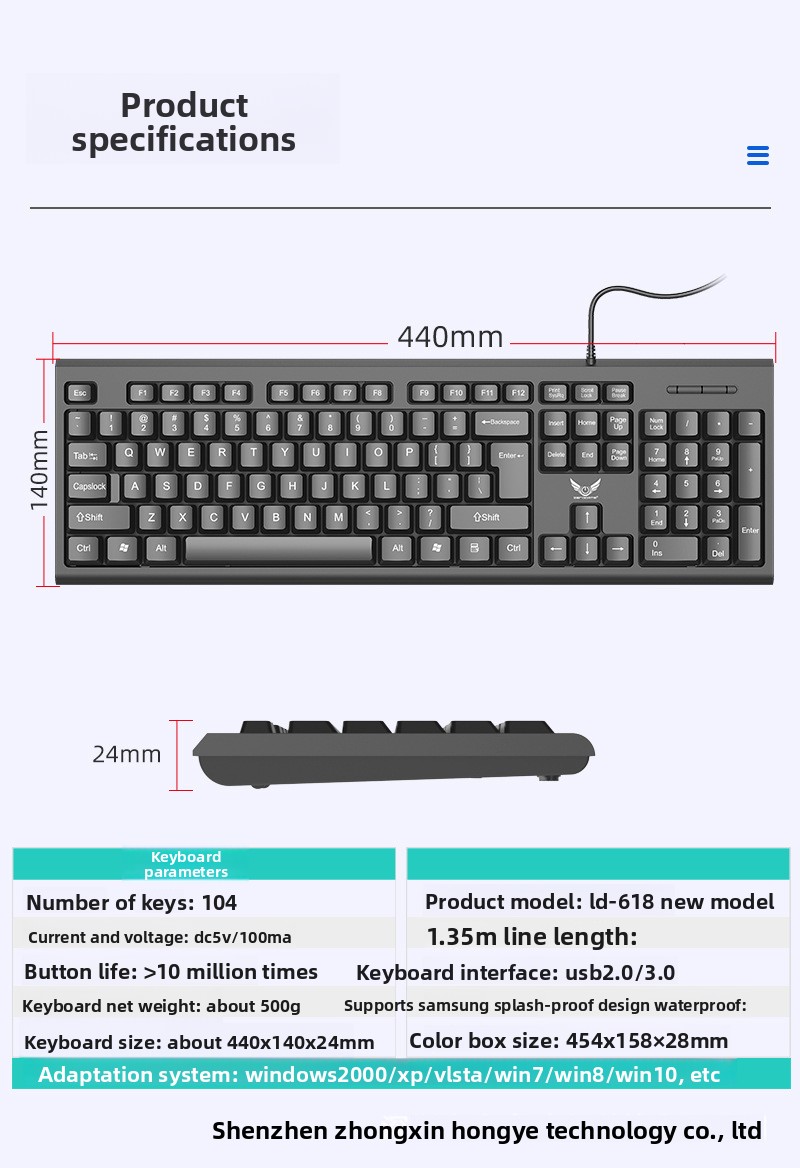 Uska Žična USB Tastatura za Poslovnu Kancelariju Kućnu Upotrebu Kompatibilna sa Desktop PC računarima, Ergonomski Dizajnirana Tastatura, Račuka Tastatura, Kompaktna Tastatura, Elegantan Dizajn, Izdržljive Tipke, Čvrsta Konstrukcija, USB Tipkanje