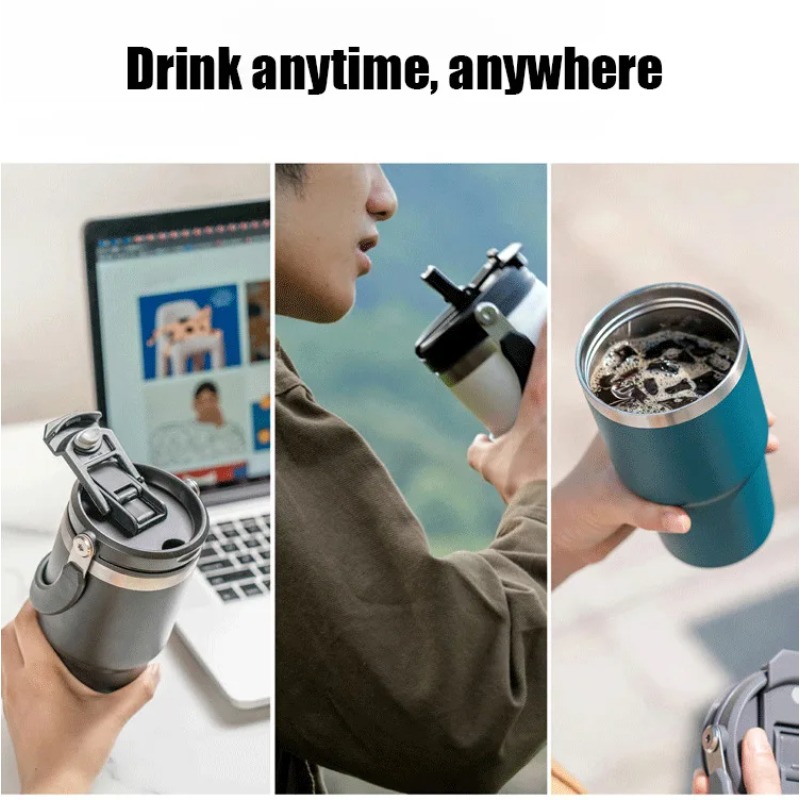 Termo čaša velikog kapaciteta sa ugrađenom slamkom - Vakuumski izolovana termosica od nerđajućeg čelika, nepropusna putna šolja s ručkom, održava piće toplim/hladnim 48 sati, mat završnica za kafu, čaj, hladne napitke - Idealno za kancelariju, kampovanje, teretanu, svakodnevnu upotrebu - Kompatibilna sa poklopcem sa slamkom, oprema za hidrataciju tokom vežbanja, elegantnog dizajna, izdržljiva posuda za piće