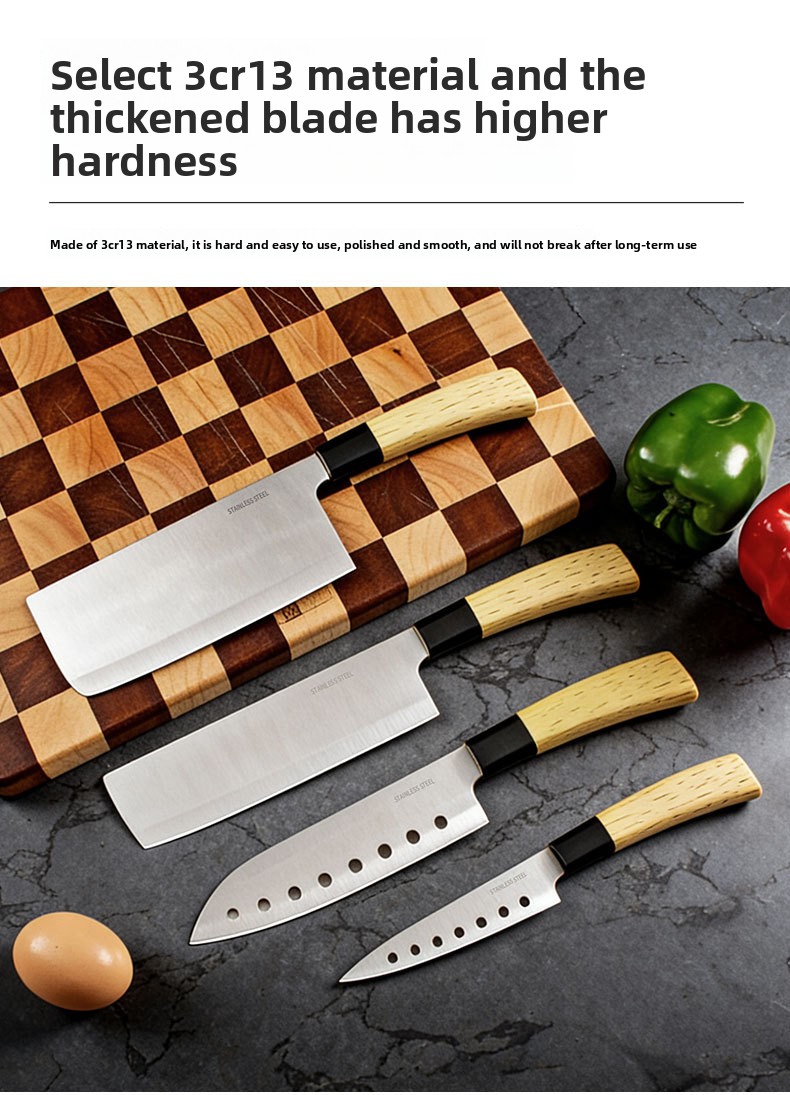 Set od 4 komada kuhinjskih noževa od nerđajućeg čelika, oštri i izdržljivi, kućni kuhinjski nož, oštrica sa izbušenim kružnim rupama, drvena drška za nož za voće i povrće