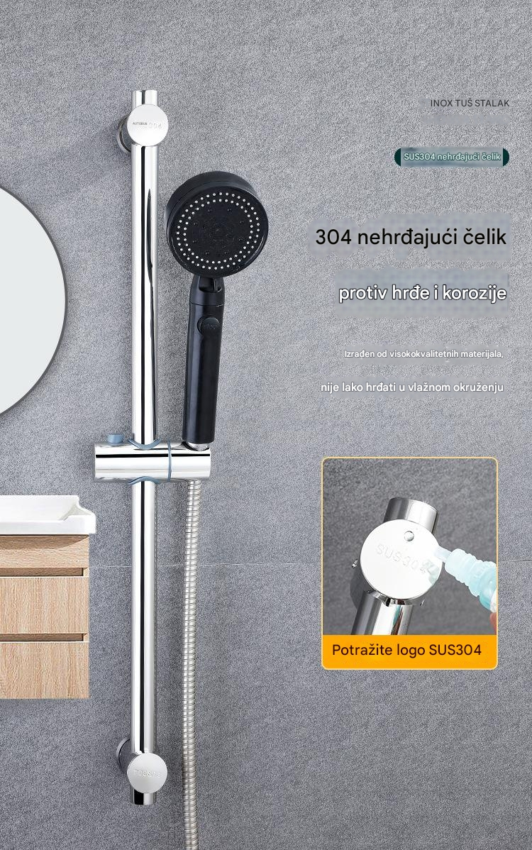 304 Šipka za tuš od nerđajućeg čelika, zidna klizna šipka za kupatilo sa podesivim držačem glave tuša i deljenim nosačem za tuš