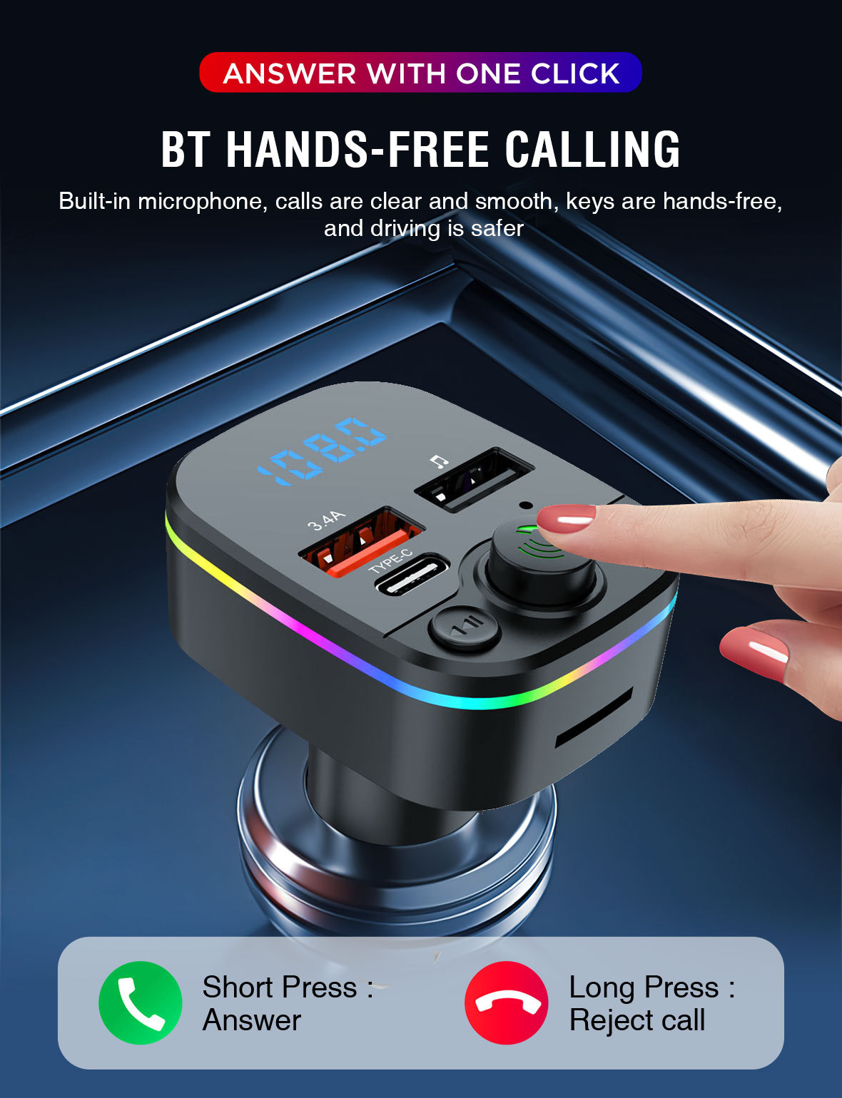 Auto MP3 Plejer sa Hands-Free Pozivima, FM Predajnikom, Upaljačem, Utorom za Memorijsku Karticu & Punjačem za Pametne Telefone/Tablete - Kompatibilan sa Utičnicom za Upaljač (Bez Spoljnog Napajanja)