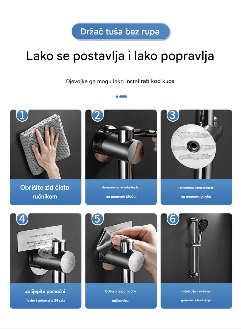 Podesivi nosač za montažu tuša od nerđajućeg čelika - Instalacija bez bušenja, rotirajući 360°, izdržljivi držač glave tuša za kupatilo sa postavljanjem bez alata, kompatibilan sa tuš glavama za kišu, moderan dizajn za jednostavnu instalaciju i održavanje (bez šrafova)