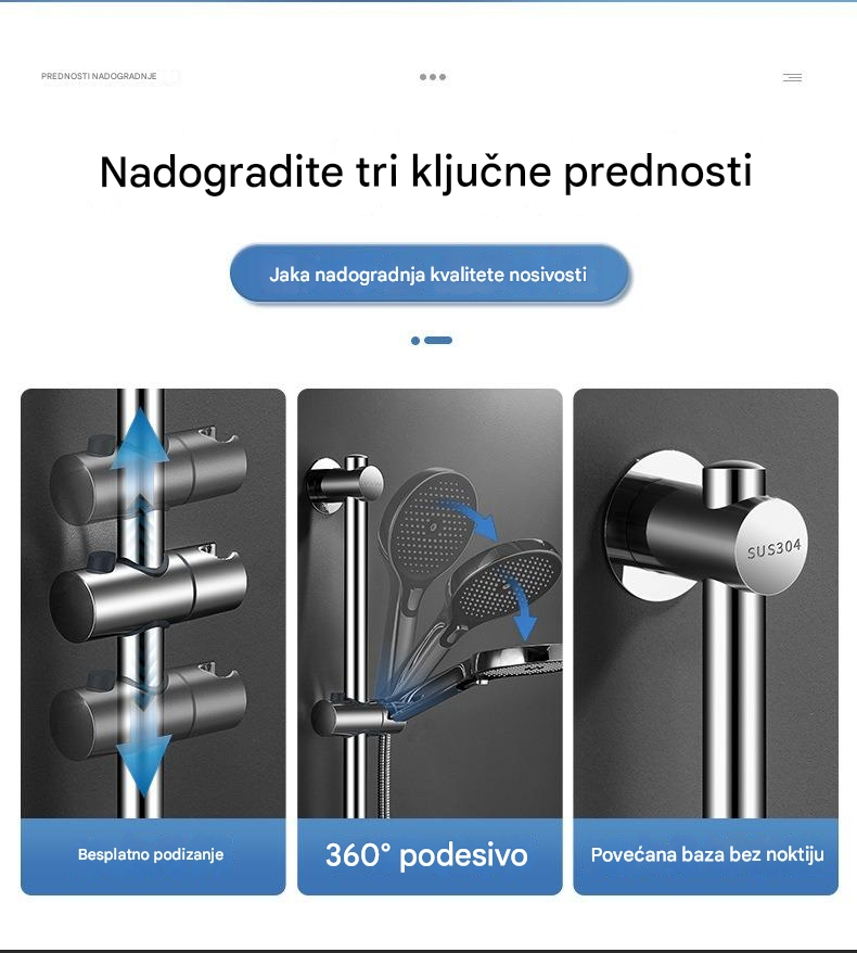 Podesivi nosač za montažu tuša od nerđajućeg čelika - Instalacija bez bušenja, rotirajući 360°, izdržljivi držač glave tuša za kupatilo sa postavljanjem bez alata, kompatibilan sa tuš glavama za kišu, moderan dizajn za jednostavnu instalaciju i održavanje (bez šrafova)