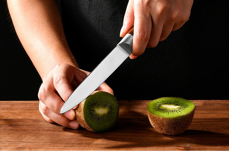 Set kuhinjskih noževa 4 komada, vrhunski oštri | Sečiva od visokougljeničnog nerđajućeg čelika, drvene drške, idealni za sečenje voća i povrća