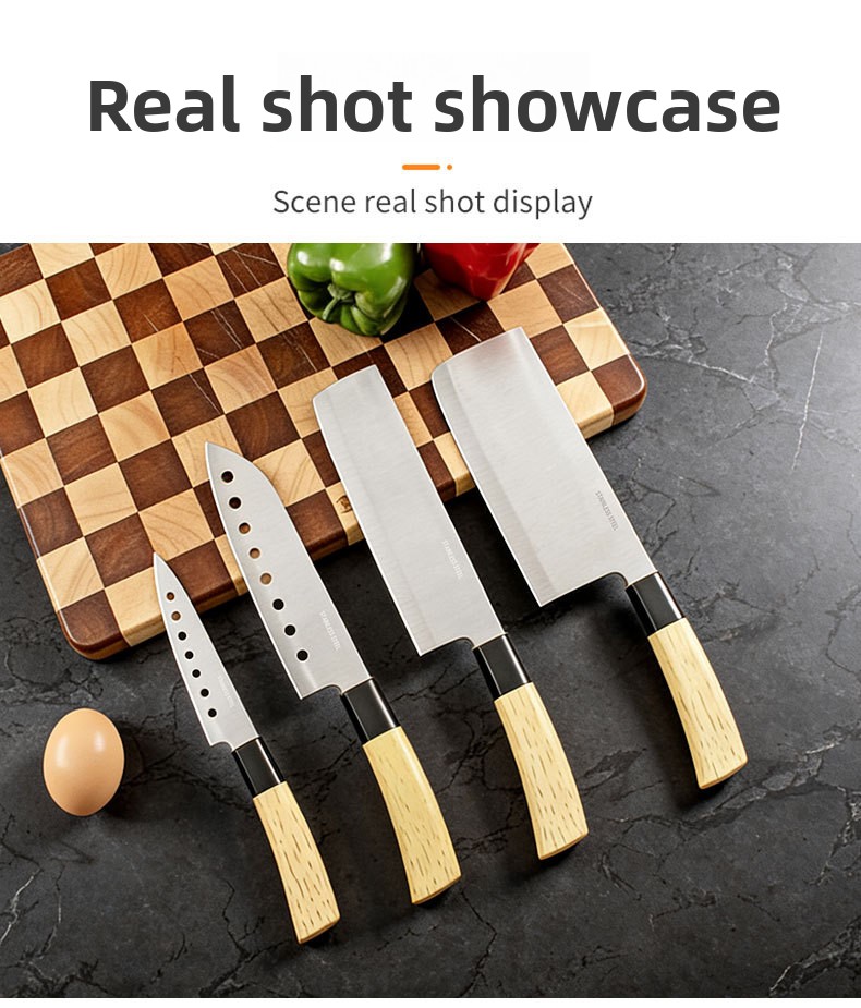 Set od 4 komada kuhinjskih noževa od nerđajućeg čelika, oštri i izdržljivi, kućni kuhinjski nož, oštrica sa izbušenim kružnim rupama, drvena drška za nož za voće i povrće