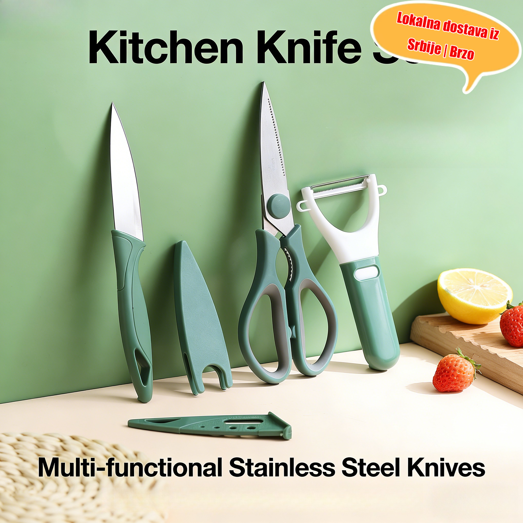 Set kuhinjskih makaza od nerđajućeg čelika, multifunkcionalne makaze za kosti, ljuštilica, nož za voće, ljuštilica za povrće, set od 3 komada, isporuka u nasumičnoj boji