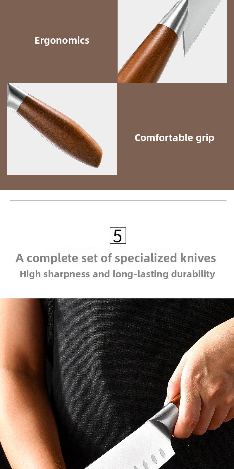 Set kuhinjskih noževa 4 komada, vrhunski oštri | Sečiva od visokougljeničnog nerđajućeg čelika, drvene drške, idealni za sečenje voća i povrća