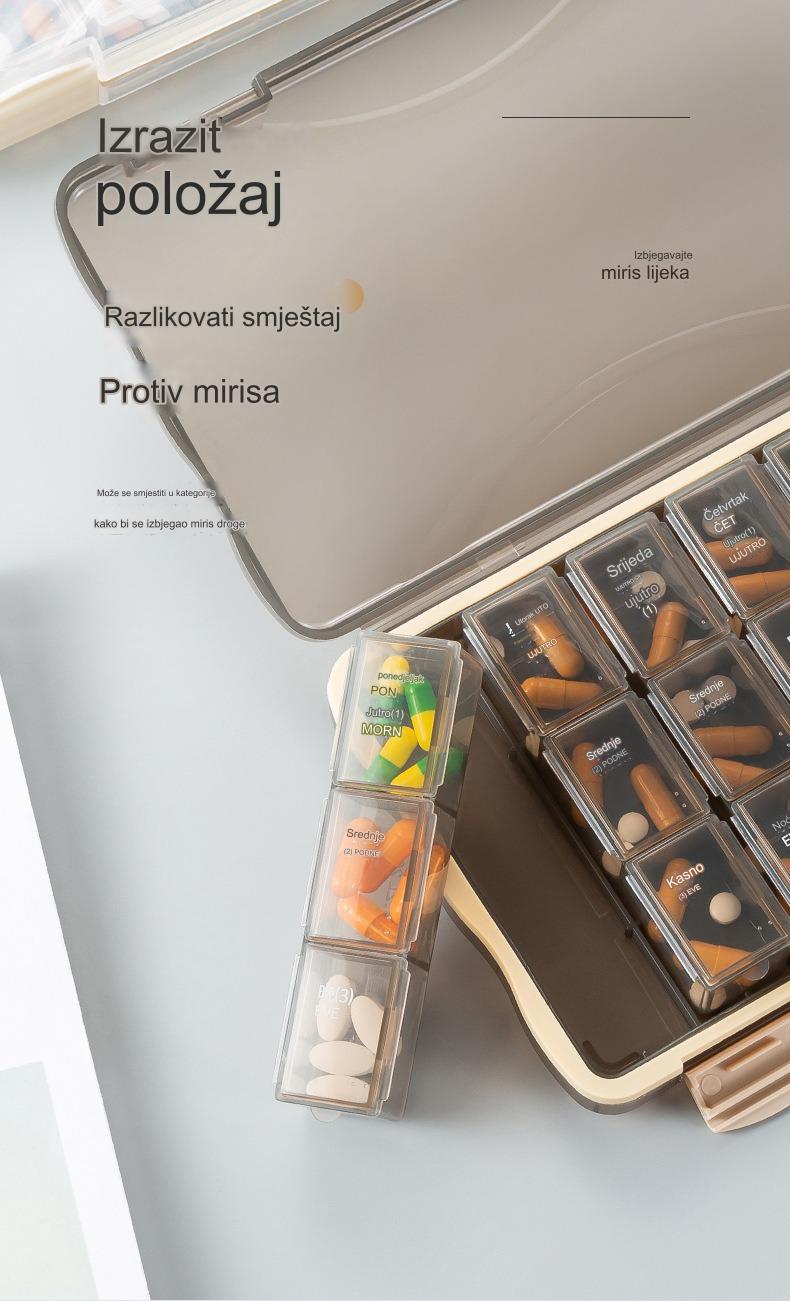 Jednosedmična prenosiva kutija za lekove, višebojna kutija za klasifikaciju, 21 i 28 pregradnih PP plastičnih kutija