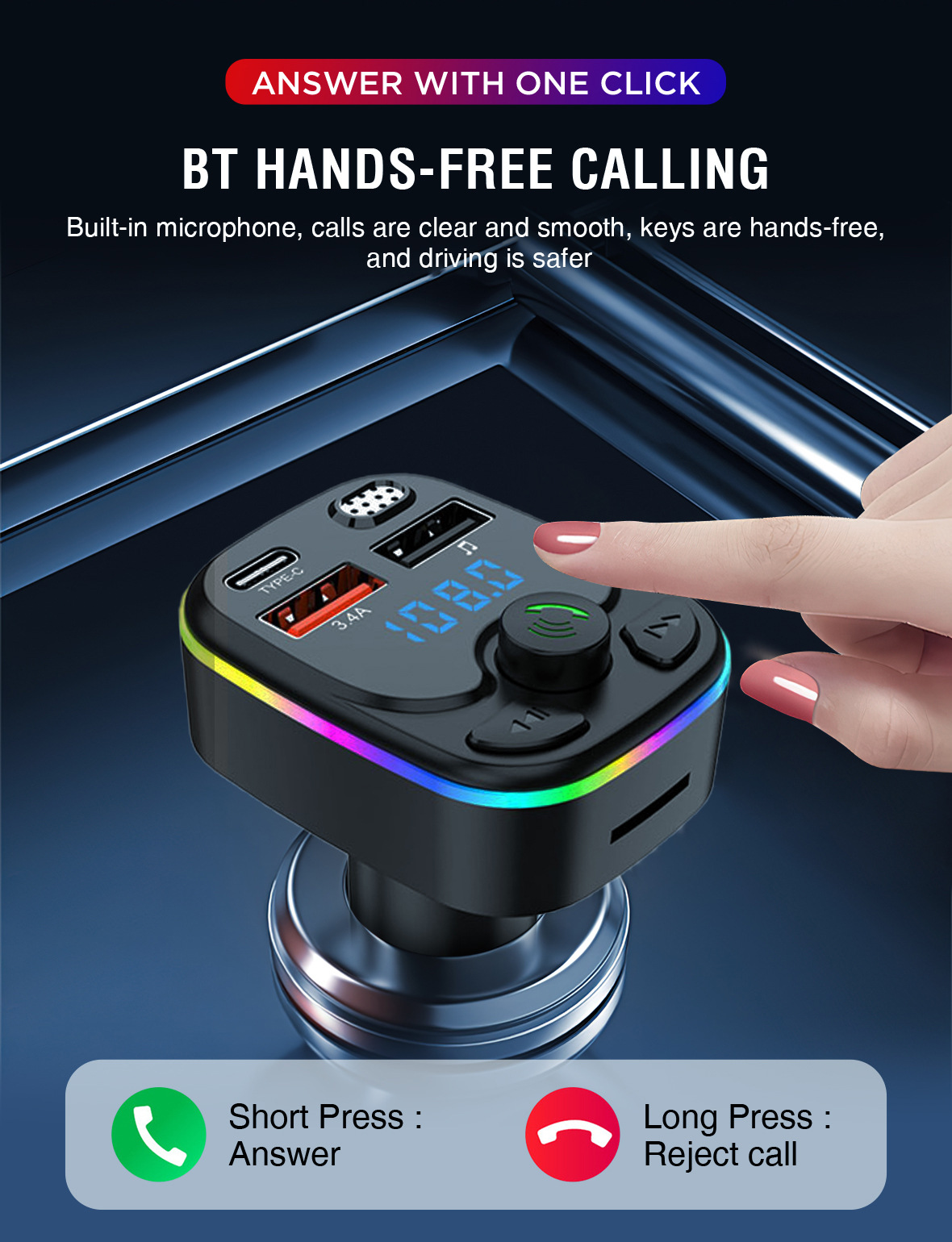 Auto MP3 Plejer sa Hands-Free Pozivima, FM Predajnikom, Upaljačem, Utorom za Memorijsku Karticu & Punjačem za Pametne Telefone/Tablete - Kompatibilan sa Utičnicom za Upaljač (Bez Spoljnog Napajanja)