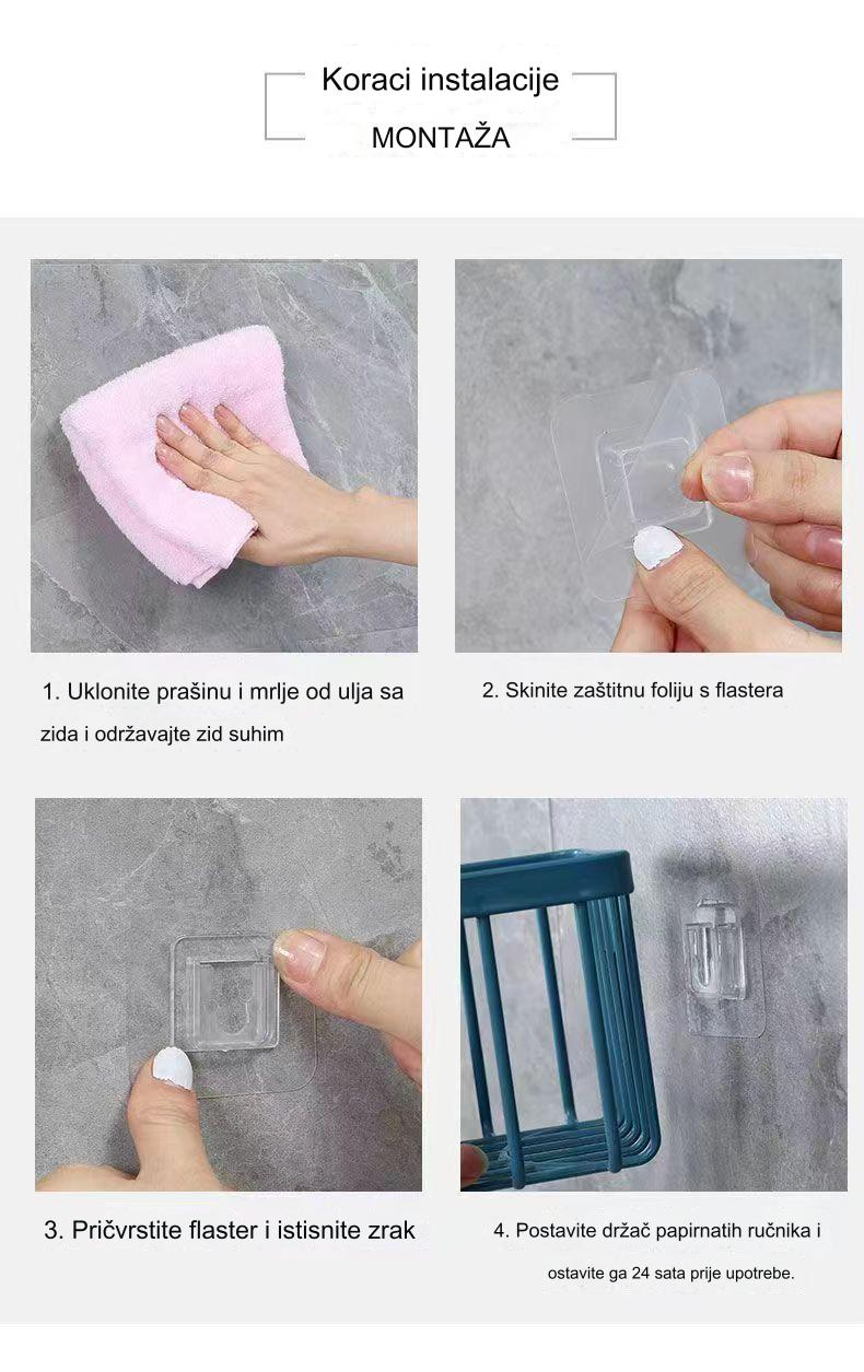 Držač toalet papira za montažu bez bušenja - Samolepljiva instalacija (bez šrafova/eksera), lako uklanjanje, lepljiva podloga, izdržljiv plastični držač za kupatilo za stanare ili javne toalete