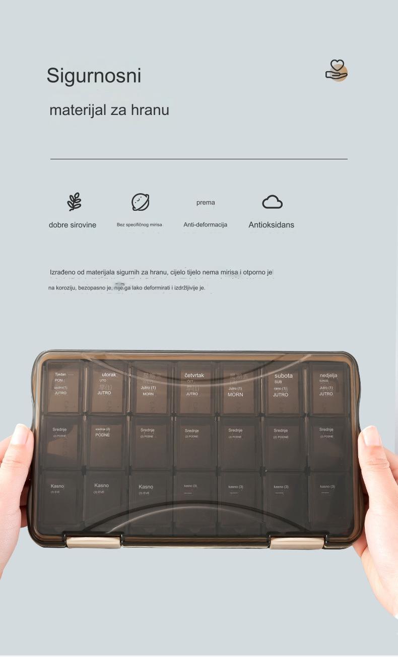 Jednosedmična prenosiva kutija za lekove, višebojna kutija za klasifikaciju, 21 i 28 pregradnih PP plastičnih kutija