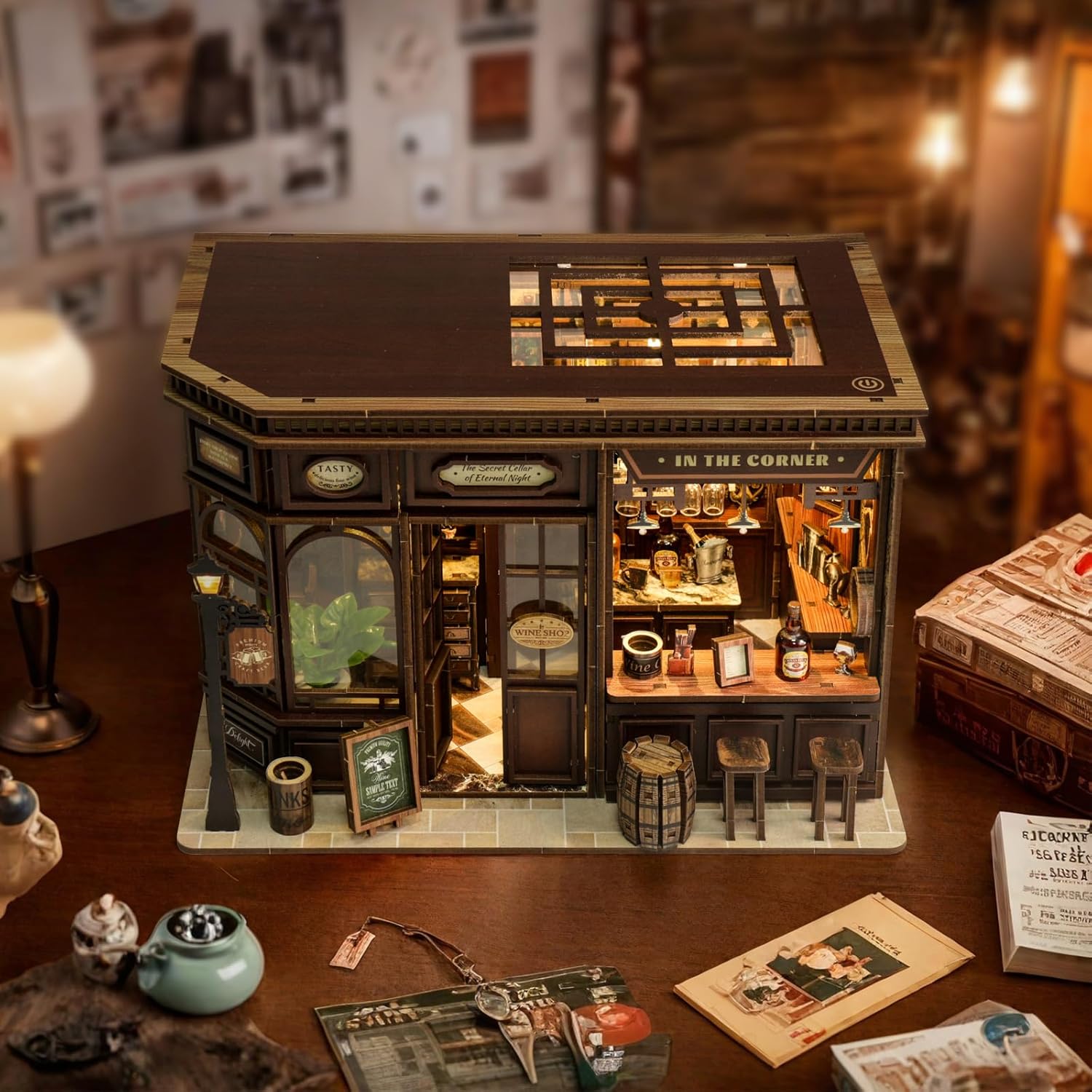 Kompleti za kutak za knjige za odrasle - Napravite svoj vlastiti minijaturni umetak za policu za knjige sa LED osvetljenjem, maštoviti kompleti za izradu knjižnog kutka, dekoracija sobe za fantazijsku tavern dioramu, savršen poklon za ljubitelje knjiga, kutak čuda i knjiga.