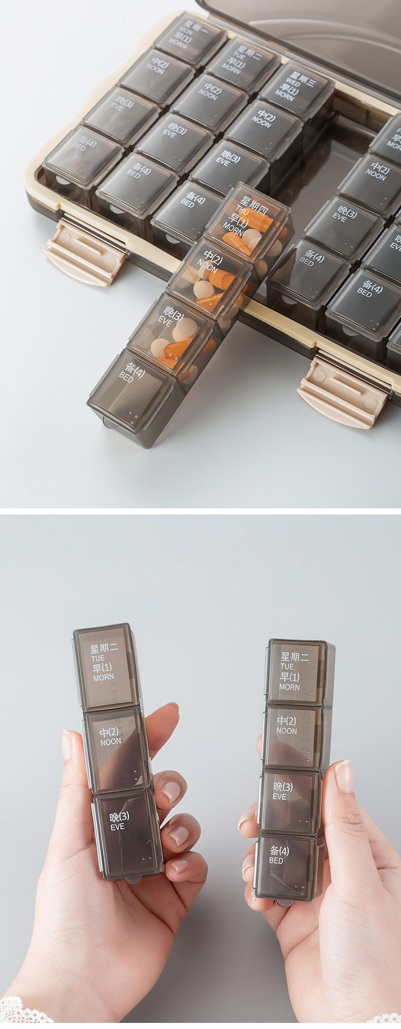 Jednosedmična prenosiva kutija za lekove, višebojna kutija za klasifikaciju, 21 i 28 pregradnih PP plastičnih kutija