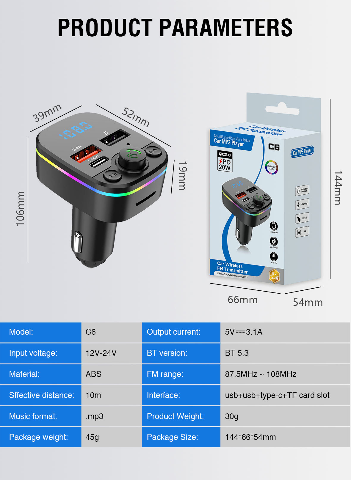 Auto MP3 Plejer sa Hands-Free Pozivima, FM Predajnikom, Upaljačem, Utorom za Memorijsku Karticu & Punjačem za Pametne Telefone/Tablete - Kompatibilan sa Utičnicom za Upaljač (Bez Spoljnog Napajanja)