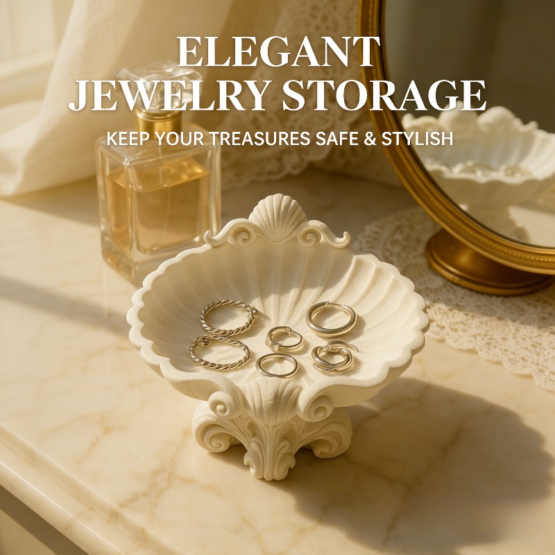 Kutija za skladištenje u obliku školjke sa poklopcem, štampana u 3D - Plastična posuda za radni sto, pogodna za predsoblje, držač za prstenje, višenamenska dekorativna polica za kancelariju, komodu - Kontejner u obliku školjke, kula za nakit