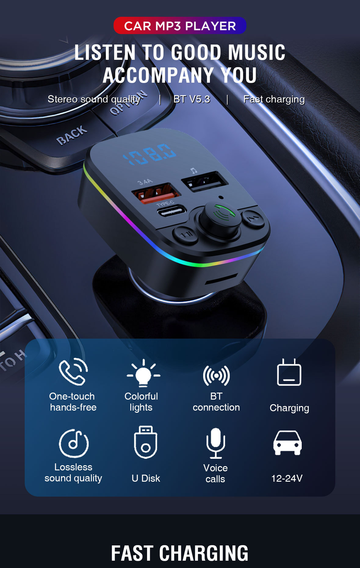 Auto MP3 Plejer sa Hands-Free Pozivima, FM Predajnikom, Upaljačem, Utorom za Memorijsku Karticu & Punjačem za Pametne Telefone/Tablete - Kompatibilan sa Utičnicom za Upaljač (Bez Spoljnog Napajanja)