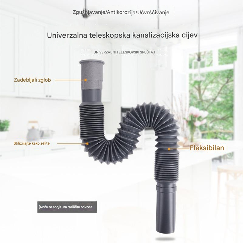 Robusna Proširiva i Ojačana Plastična Cev za Sudoperu - Fleksibilna Odvodna Cev sa Dugim Krajem za Kuhinjske i Kupatilske Sudopere, Kade, Tuš Kabine - Izdržljiva za Mašine za Pranje, Mašine za Sudove, Laka Instalacija (Bez Alata)