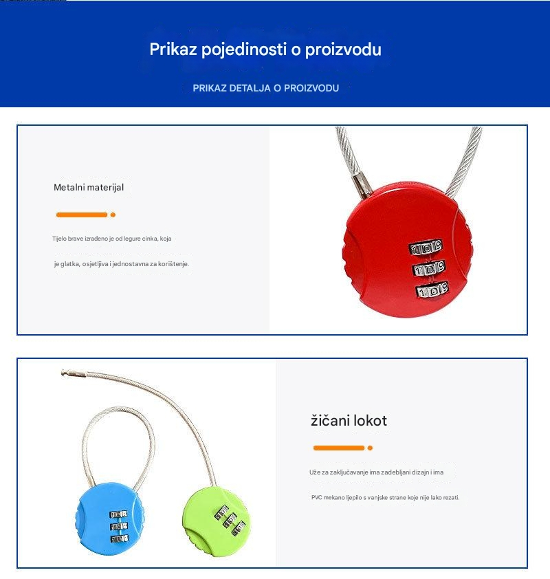 Teška kablovska brava sa loptastim sistemom za zaključavanje - Polirana višebojna brava pogodna za kofer, prtljag i putnu opremu