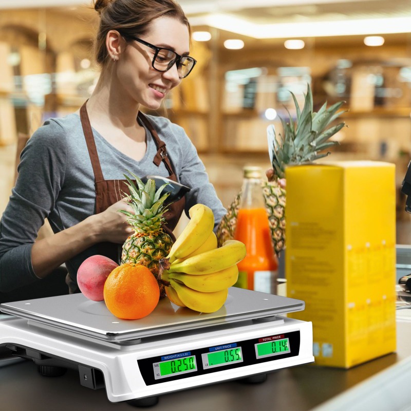 Elektronska vaga sa LCD ekranom, funkcijom tare i sistemom brojanja, kapaciteta od 5G do 40Kg, dizajnirana za upotrebu u maloprodaji, kuhinji i restoranima, sa srebrnim detaljima.