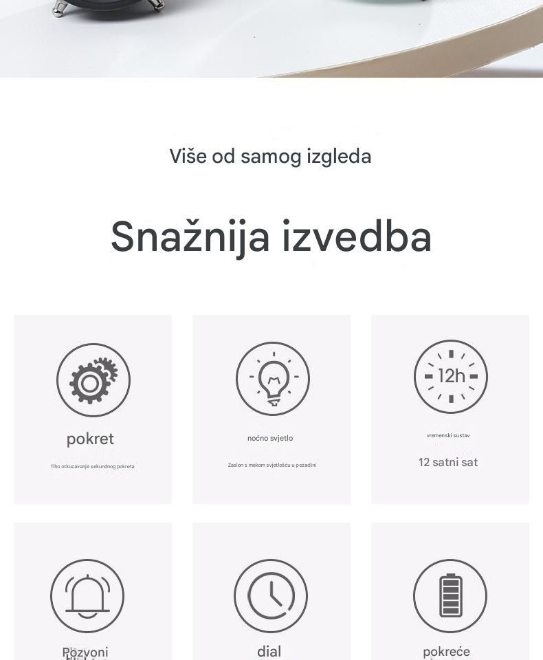 Kreativni metalni budilnik sa tihim noćnim svetlom za decu i učenike, moderan i klasičan noćni stočić
