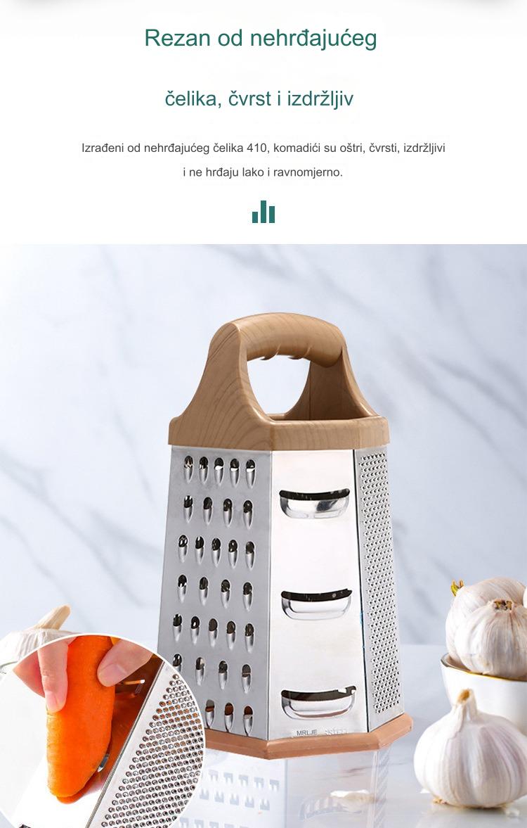 Višenamenski 6-u-1 Robusni Nerđajući Čelični Piling & Seckalica za Povrće - 6-strani Planer sa Sečivom za Sečenje, Ribanje, Rendanje, Seckanje - Kompaktni Kuhinjski Alat za Voće, Povrće, Sir, Orašaste Plodove & Bilje - Lako