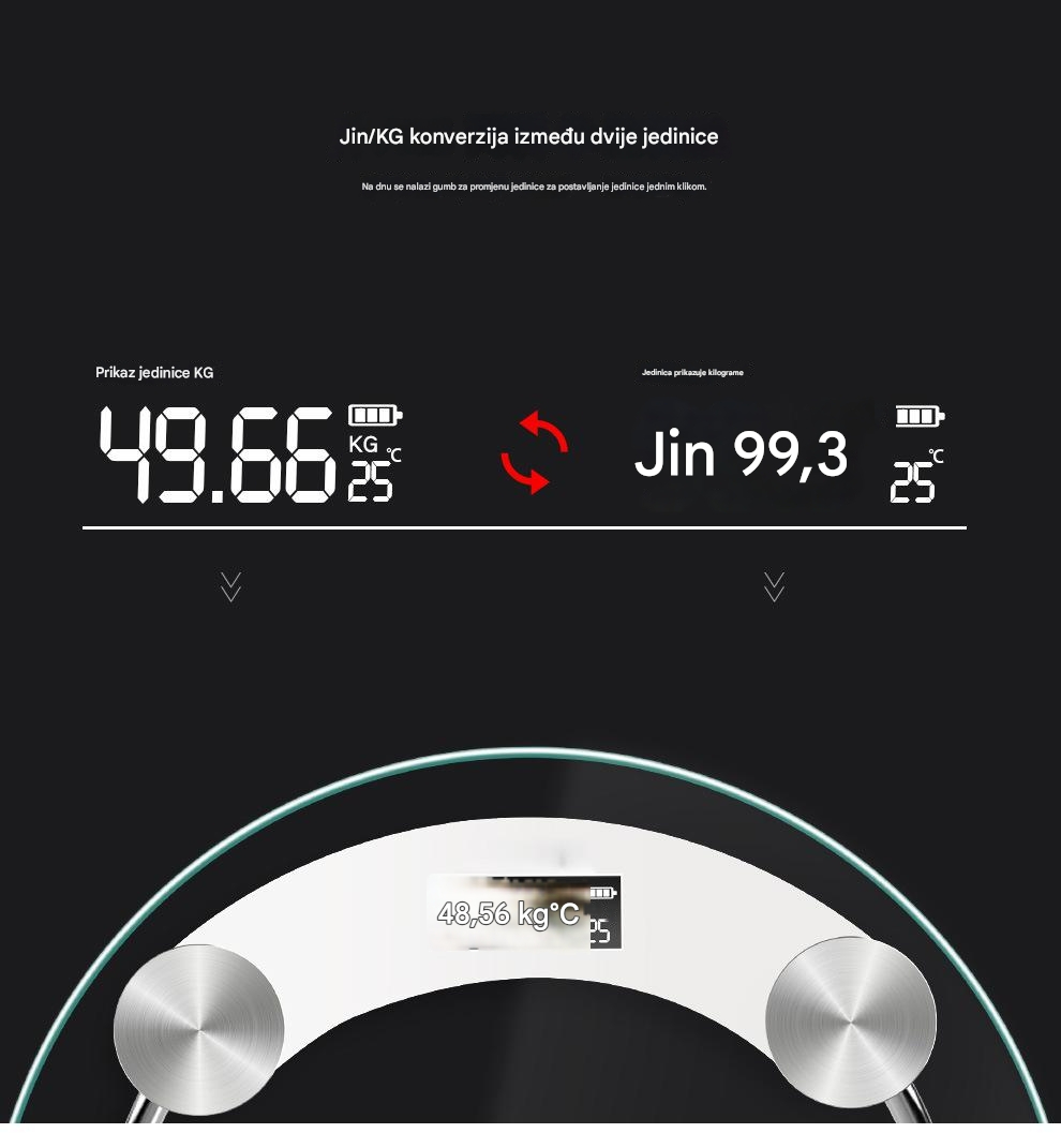 Digitalna vaga za merenje telesne masti - Visokoprecizna kupatilska vaga sa tačnim merenjem težine i mase, jednostavan displej, kompaktni dizajn za teretanu, uređaj za praćenje zdravlja