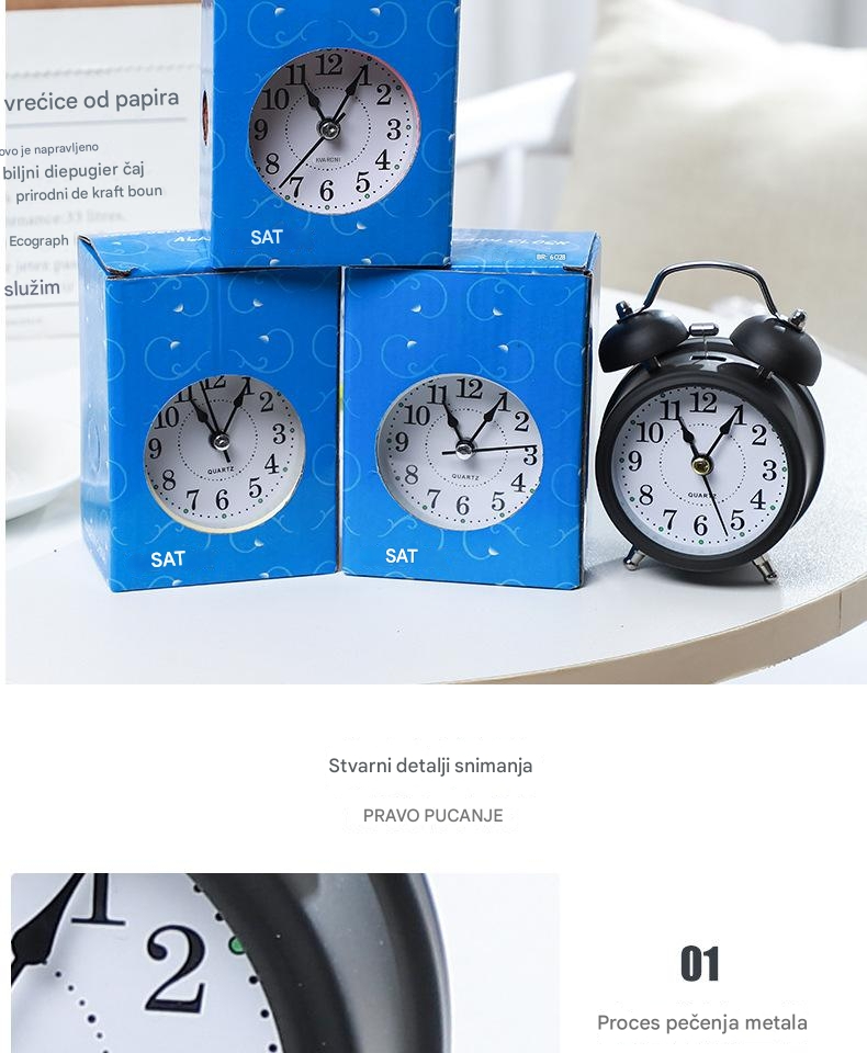 Kreativni metalni budilnik sa tihim noćnim svetlom za decu i učenike, moderan i klasičan noćni stočić