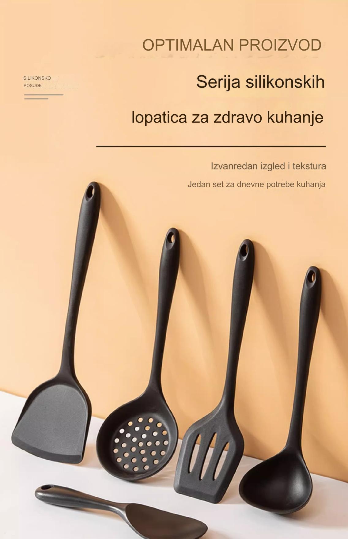 Set silikonskih lopatica otpornih na toplotu, nelepljivih, sa ergonomskom drškom i rupom za kačenje - Izdržljivi set kuhinjskog pribora, crveni i dizajn, neklizajuća drška, pogodno za pranje u mašini za sudove - Uključuje lopaticu za prženje, lopaticu sa rupama, okretanje, kašiku, strugač - Idealno za prženje