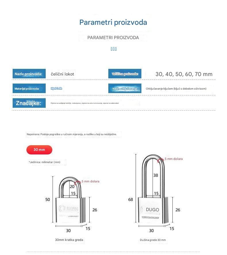 Čelična brava za teške uslove sa 4 kvadratna sečiva i nerđajućom glavom - Brava za vrata, kapije, sefove, škrinje, otporna na neovlašćeno otvaranje, za kancelariju ili poslovne prostore (bez ključa/pristupa)