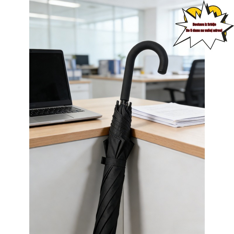 1 kom Klasični Crni Kišobran sa Dugom Drškom | Jednobojna Zakrivljena Drška, Za Sve Vremenske Uslove, Neophodan za Poslovna Putovanja, Kiša za Svakodnevno Putovanje, Pongee 210T, 8 Rebara, Čelični Ram