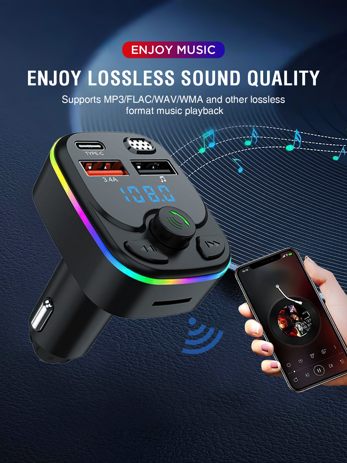 Auto MP3 Plejer sa Hands-Free Pozivima, FM Predajnikom, Upaljačem, Utorom za Memorijsku Karticu & Punjačem za Pametne Telefone/Tablete - Kompatibilan sa Utičnicom za Upaljač (Bez Spoljnog Napajanja)