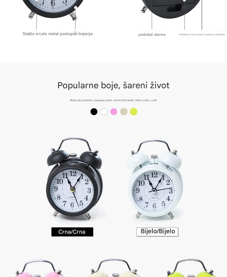 Kreativni metalni budilnik sa tihim noćnim svetlom za decu i učenike, moderan i klasičan noćni stočić